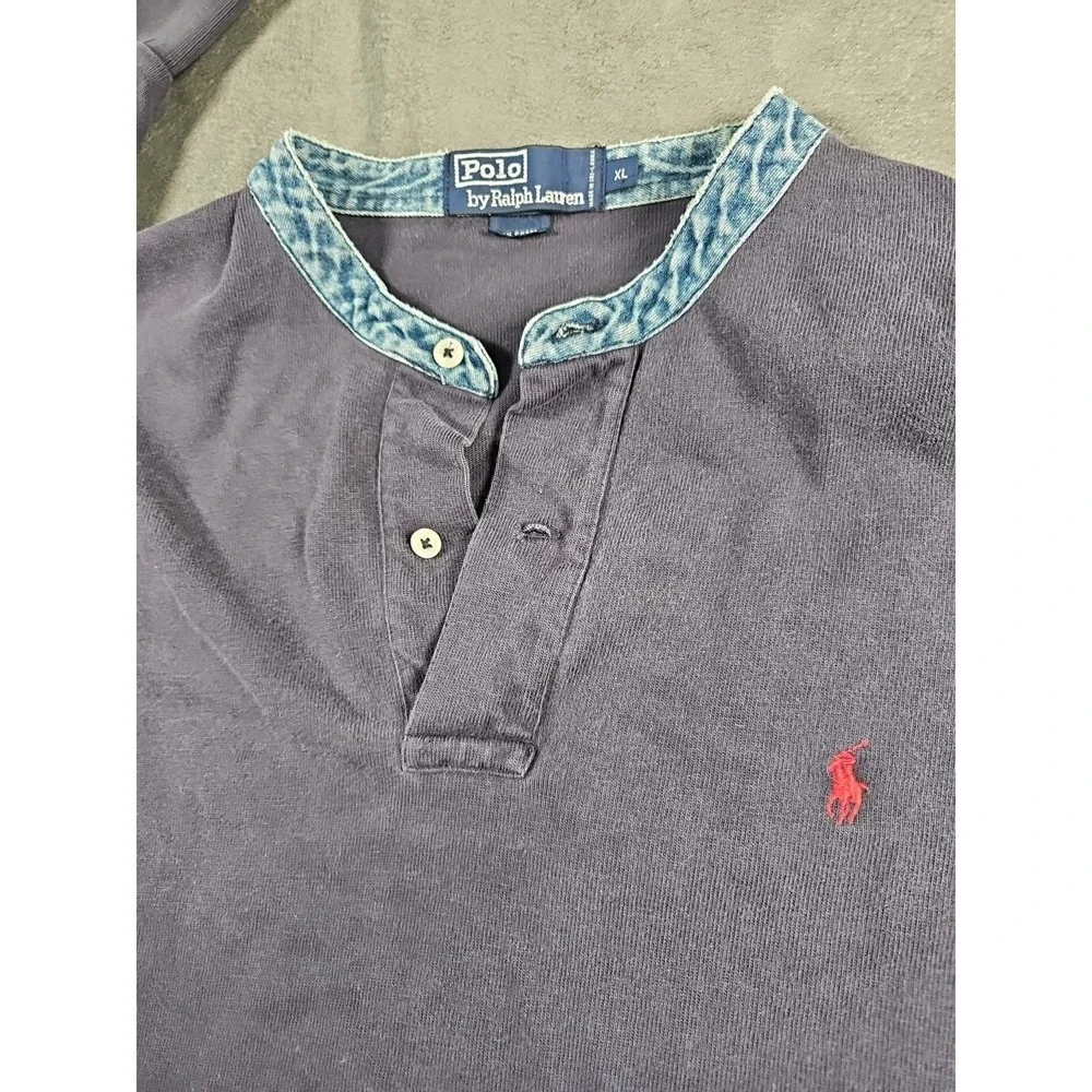 Polo by‎ Ralph Lauren Sweatshirt Denim Collar Navy Blue Red Pony Cotton Vtg